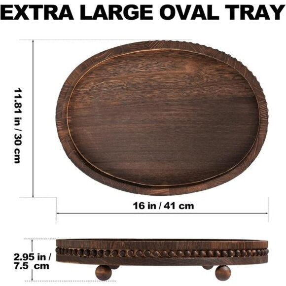 Wood Beaded Farmhouse Tray Oval Wooden Coffee Table Decor Serving Kitchen - Picture 2 of 7